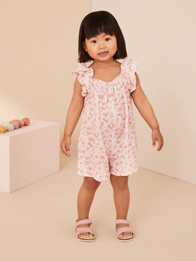 Pink Floral Print 100% Cotton Playsuit (3mths-7yrs) - Image 1 of 7