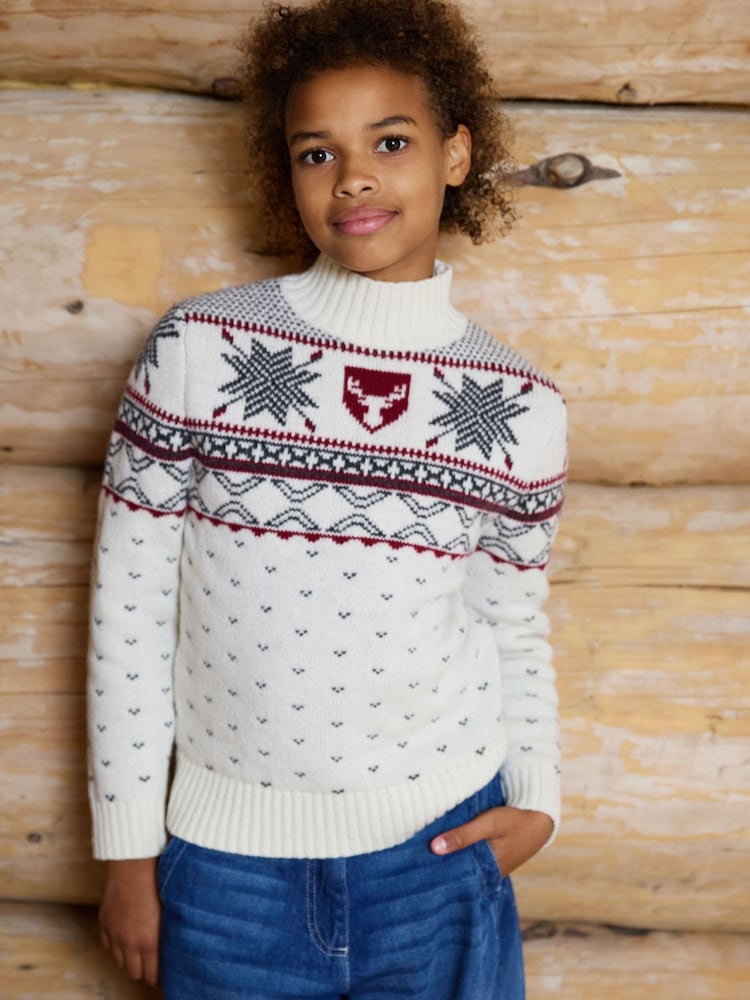The Little Tailor Cream Wool Blend Reindeer Motif Turtle Neck Christmas Jumper - Image 1 of 5