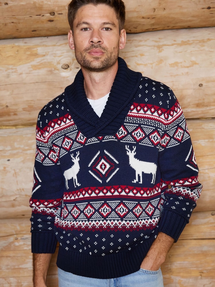 The Little Tailor Premium Cotton Reindeer Shawl Neck Christmas Jumper - Bild 1 av 7