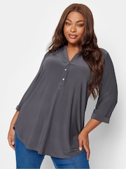 Yours Curve Grey Half Placket Jersey Top - Image 1 of 4