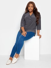 Yours Curve Grey Half Placket Jersey Top - Image 3 of 4