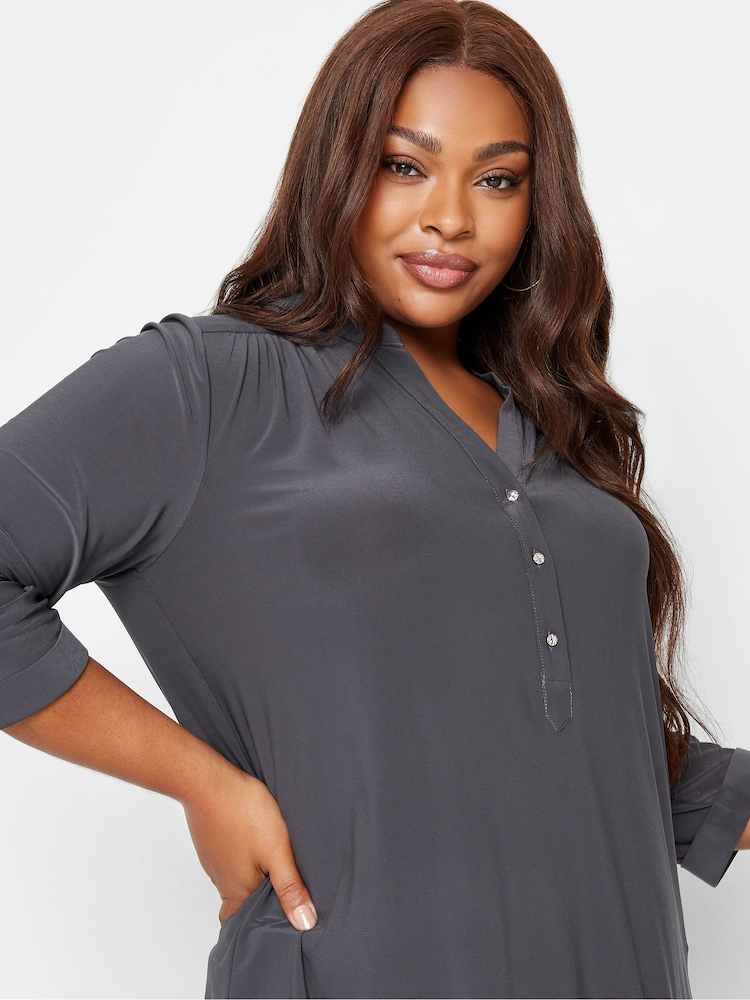 Yours Curve Grey Half Placket Jersey Top - Image 4 of 4