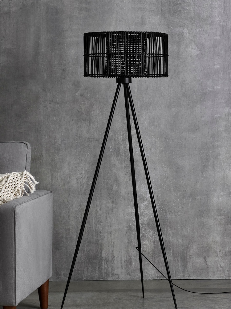 Black Kai Rattan Tripod Floor Lamp - Image 2 of 6