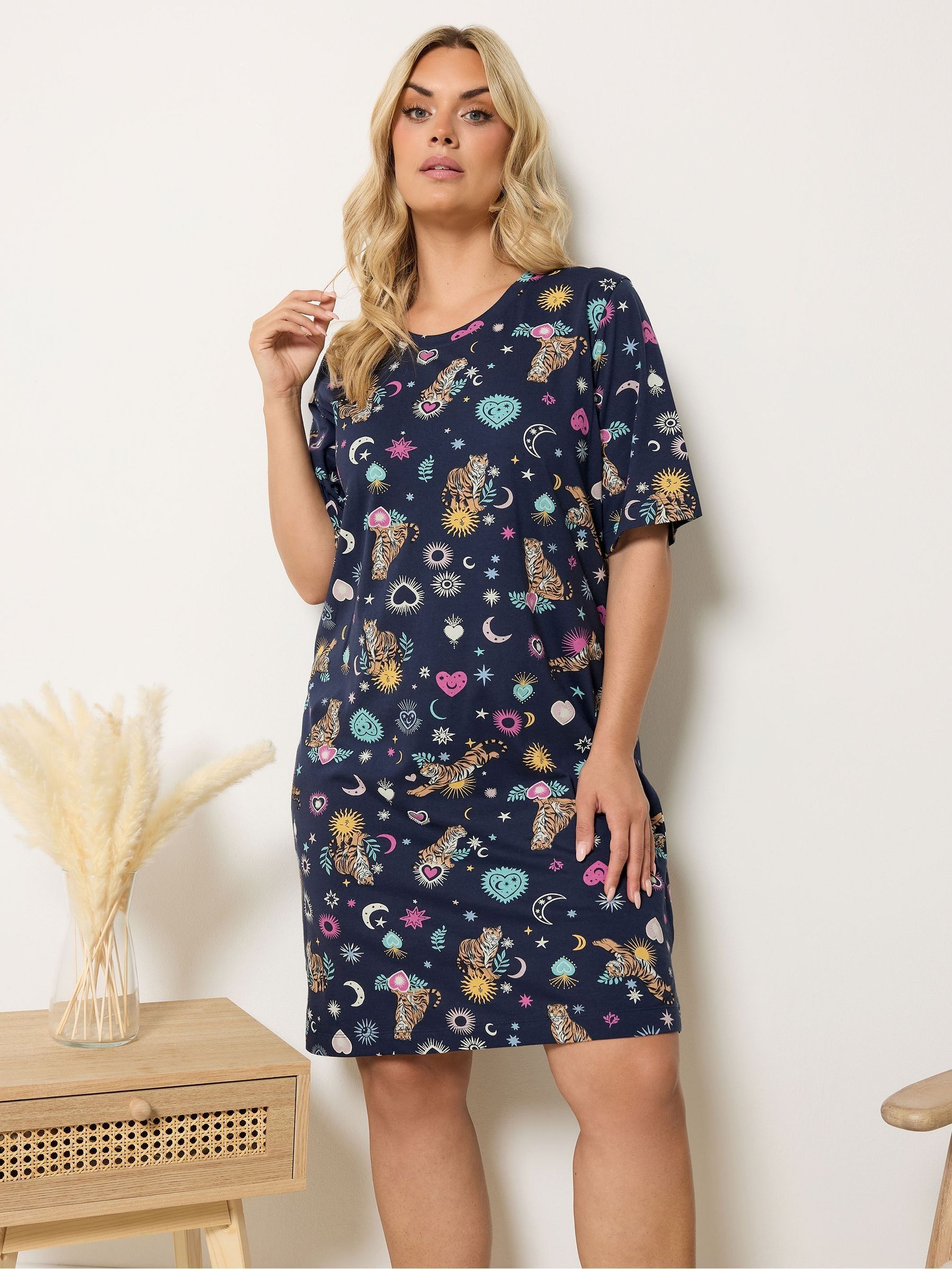 Yours Curve Women's Blue Animal Celestial Side Split Nightdress