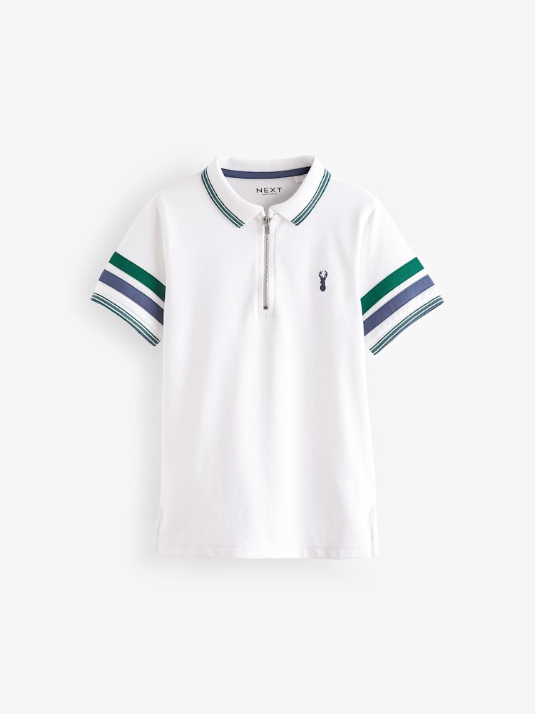 White/Green 100% Cotton Quarter Zip Colourblock Short Sleeve Polo Shirt (3-16yrs) - Image 1 of 3