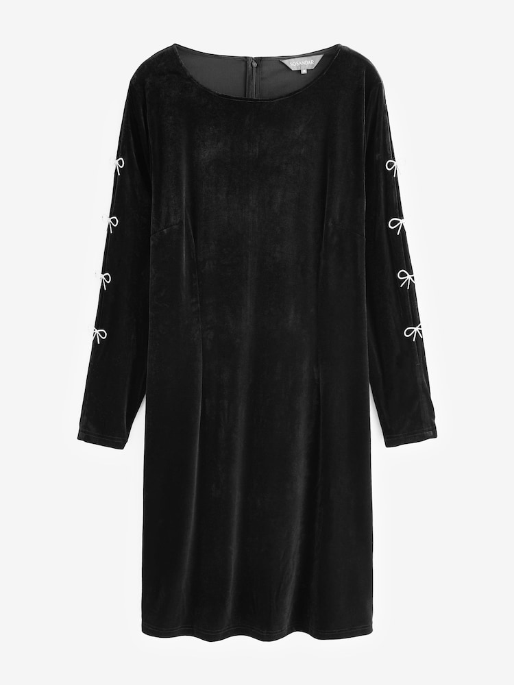 Sosandar Black Velvet Premium Bow Sleeve Shift Dress - Image 6 of 6
