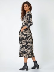 Roman Black Floral Pocket Stretch Midi Dress - Image 2 of 5