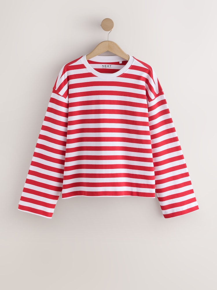 Red/White Stripe Oversized Boxy Fit Heavyweight Crew Neck T-Shirt - Image 1 of 3 Red/White Stripe Oversized Boxy Fit Heavyweight Crew Neck T-Shirt - Image 1 of 3