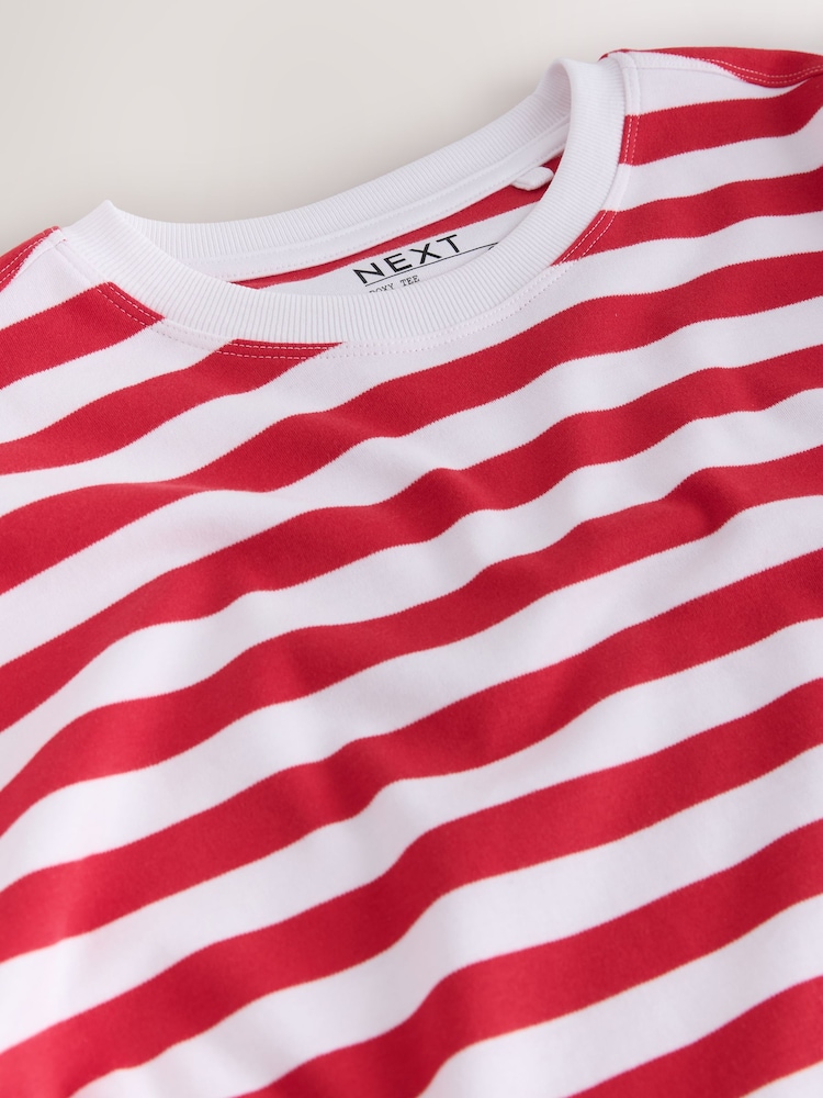 Red/White Stripe Oversized Boxy Fit Heavyweight Crew Neck T-Shirt - Image 3 of 3 Red/White Stripe Oversized Boxy Fit Heavyweight Crew Neck T-Shirt - Image 3 of 3