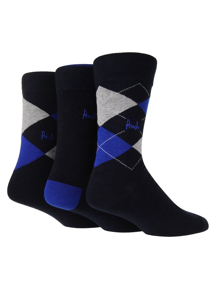 Pringle Blue Traditional Argyle 3 Pack Pattern Socks - Image 1 of 5