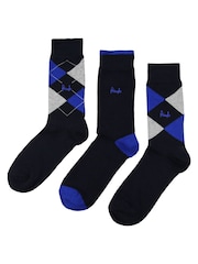 Pringle Blue Traditional Argyle 3 Pack Pattern Socks - Image 4 of 5