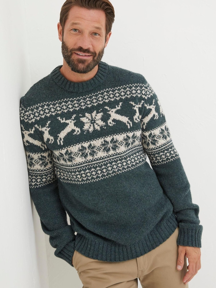 FatFace Green Mens Family Christmas Jumper - Image 1 of 6
