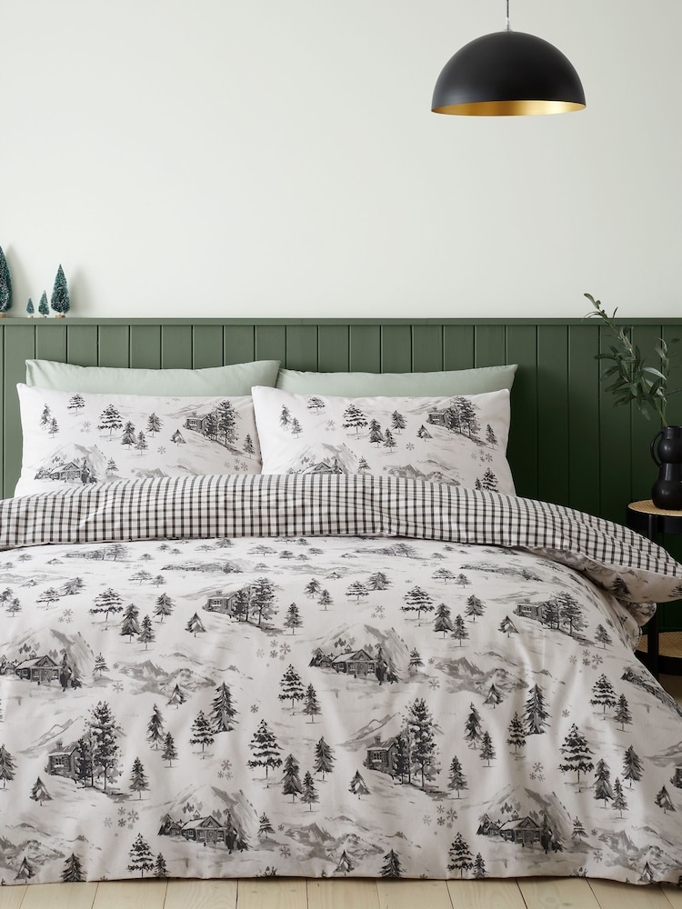 Catherine Lansfield Natural Brushed 100% Cotton Alpine Village Christmas Duvet Cover Set - Image 1 of 4