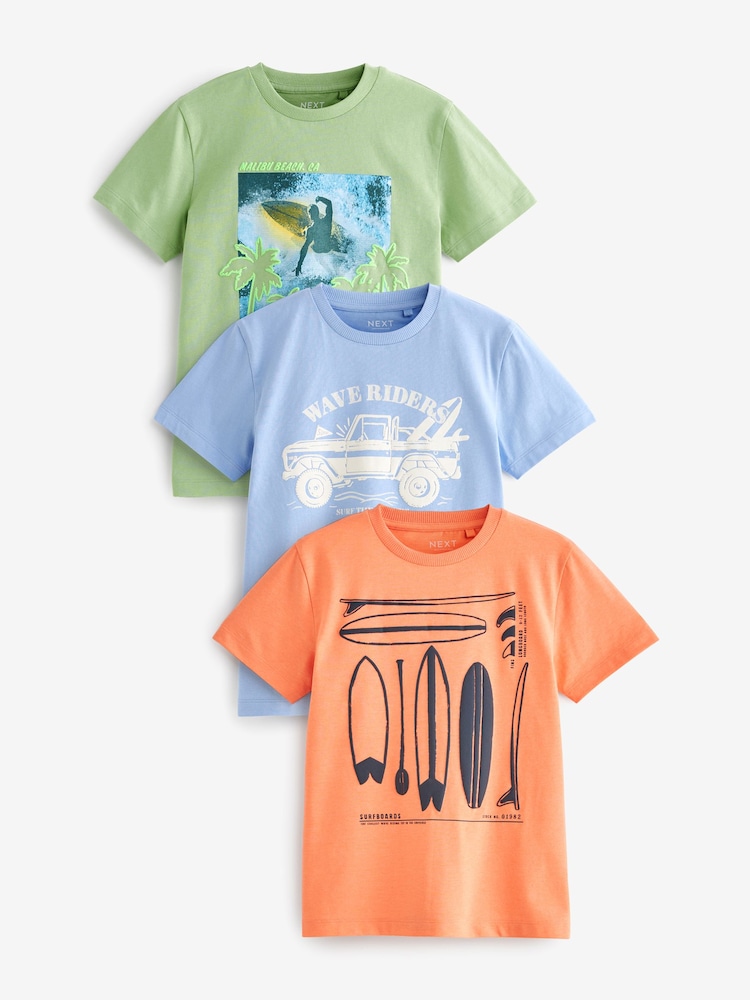 Blue/Khaki Surf Graphic Regular Fit Short Sleeve T-Shirts 3 Pack (3-16yrs) - Image 1 of 3 Blue/Khaki Surf Graphic Regular Fit Short Sleeve T-Shirts 3 Pack (3-16yrs) - Image 1 of 3