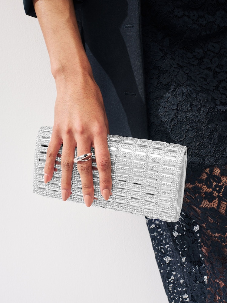 Silver Diamanté Heatseal Barrel Clutch Bag - Image 1 of 1