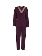 Nora Rose Jersey Antique Gold Lace Detail Pyjamas Set - Larawan 4 ng 4