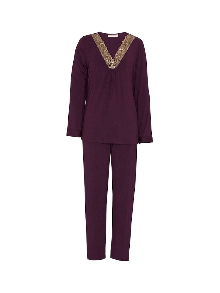 Nora Rose Jersey Antique Gold Lace Detail Pyjamas Set - Larawan 4 ng 4