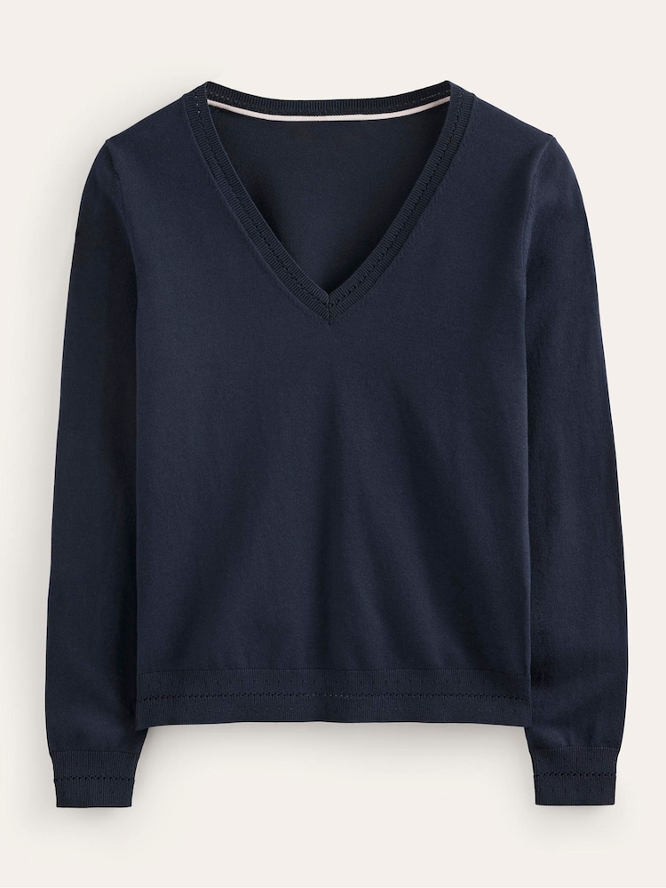 Boden Blue V-Neck Catriona Cotton Jumper - Image 5 of 5