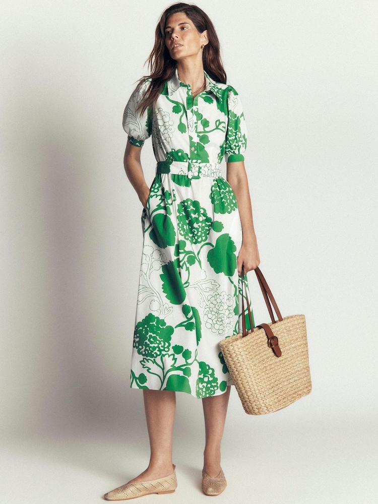 Boden Green Belted Cotton Midi Dress - Image 1 of 4 Boden Green Belted Cotton Midi Dress - Image 1 of 4