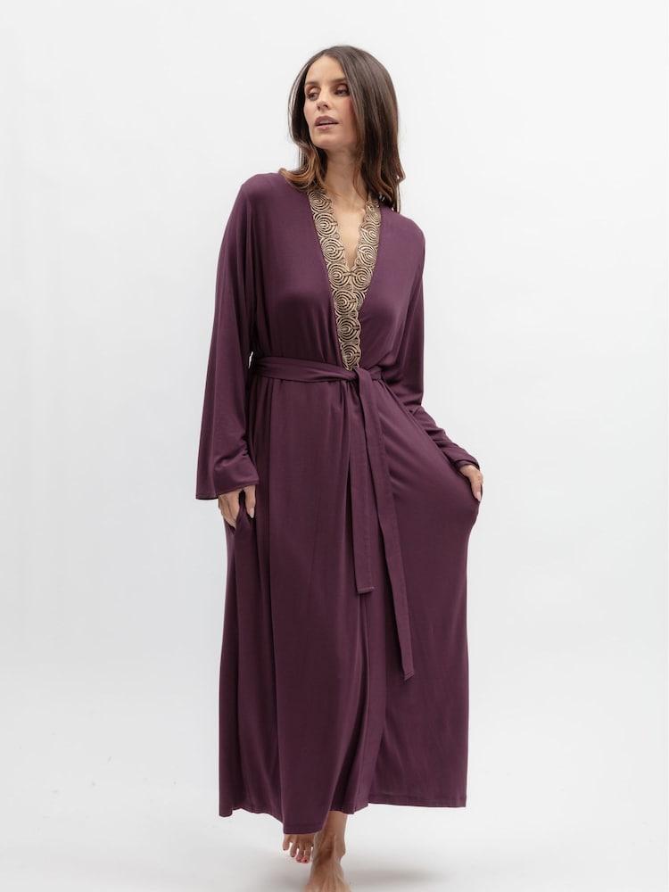 Nora Rose Jersey Antique Gold Lace Detail Long Dressing Gown - Imagen 2 de 4