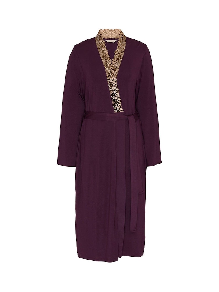 Nora Rose Jersey Antique Gold Lace Detail Long Dressing Gown - Imagen 4 de 4