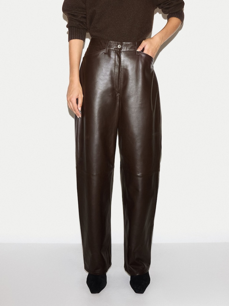 Jigsaw Brown Leather Barrel Leg Trousers - Image 1 of 6 Jigsaw Brown Leather Barrel Leg Trousers - Image 1 of 6