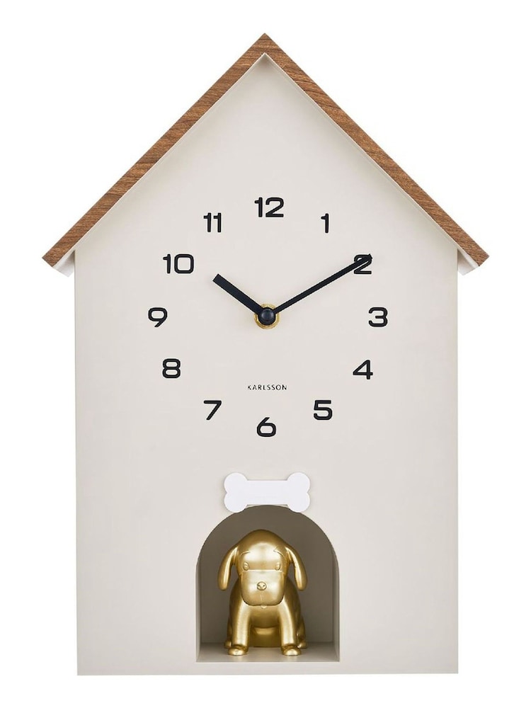Karlsson Warm Grey Dog House W. Wooden Roof Wall Clock - Image 1 of 4 Karlsson Warm Grey Dog House W. Wooden Roof Wall Clock - Image 1 of 4