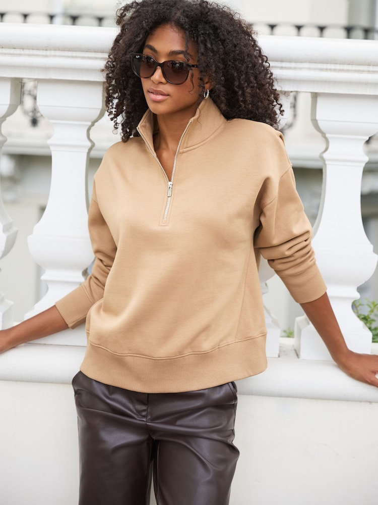 Kamelbraun - Basic-Sweatshirt mit RV-Kragen - Bild 1 von 6