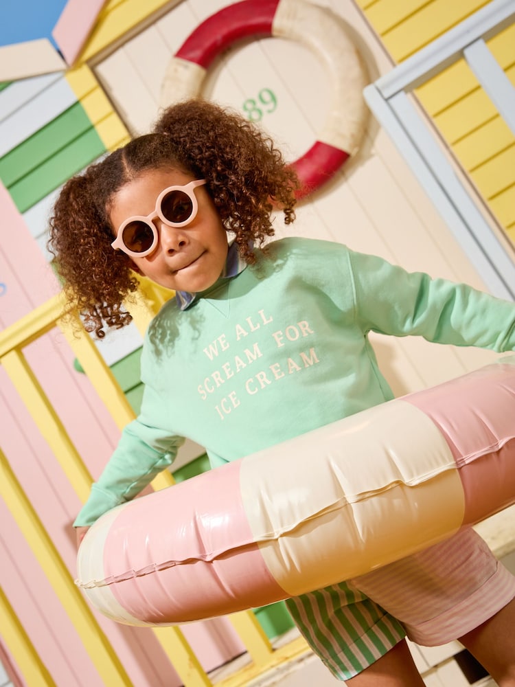 Joules Kids' Sundaze Green Crew Neck Slogan Sweatshirt - Image 1 of 5