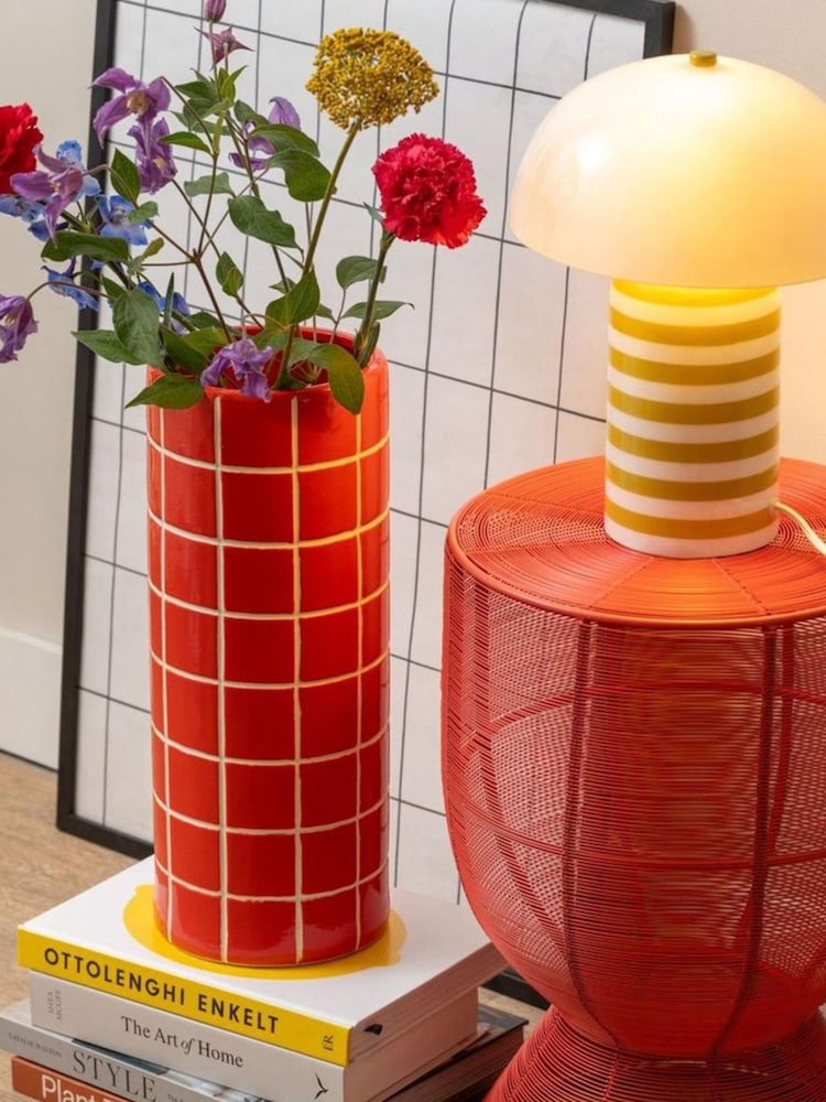 Present Time Bright Scarlet Red Retro Tiles Round Large Vase - Image 1 of 3 Present Time Bright Scarlet Red Retro Tiles Round Large Vase - Image 1 of 3