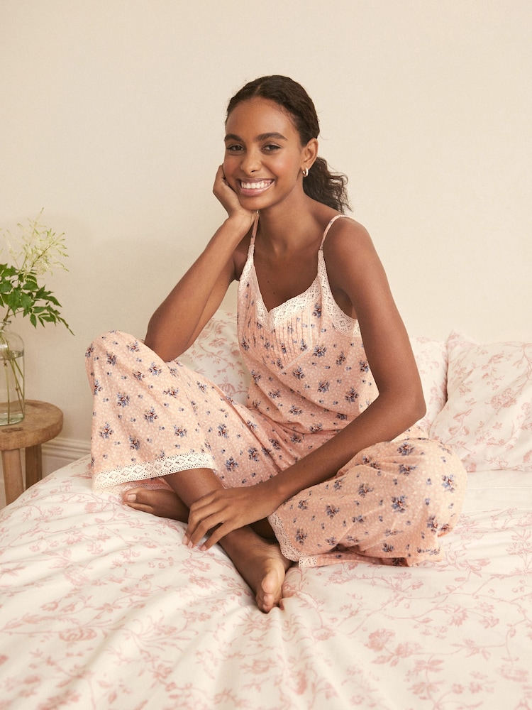 Laura Ashley Orange Wilmcote Print Textured 100% Cotton Lace Insert Cami and Trousers Pyjamas - Image 1 of 7