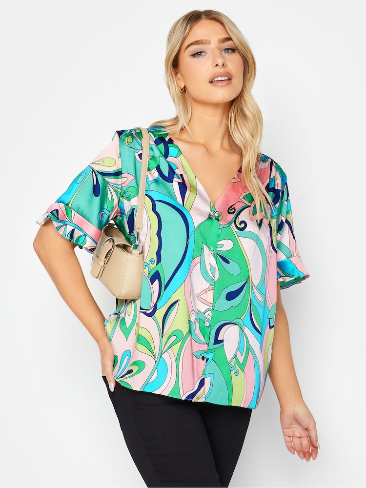 M&Co Green Psychedelic Frill Sleeve Button Shirt - Image 1 of 4
