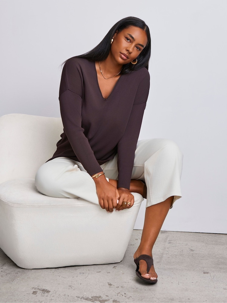 Live Unlimited Brown Ribbed Detail V-Neck Jumper - Image 1 of 3 Live Unlimited Brown Ribbed Detail V-Neck Jumper - Image 1 of 3