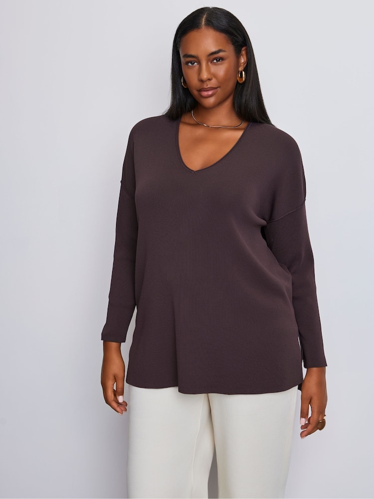 Live Unlimited Brown Ribbed Detail V-Neck Jumper - Image 2 of 3 Live Unlimited Brown Ribbed Detail V-Neck Jumper - Image 2 of 3