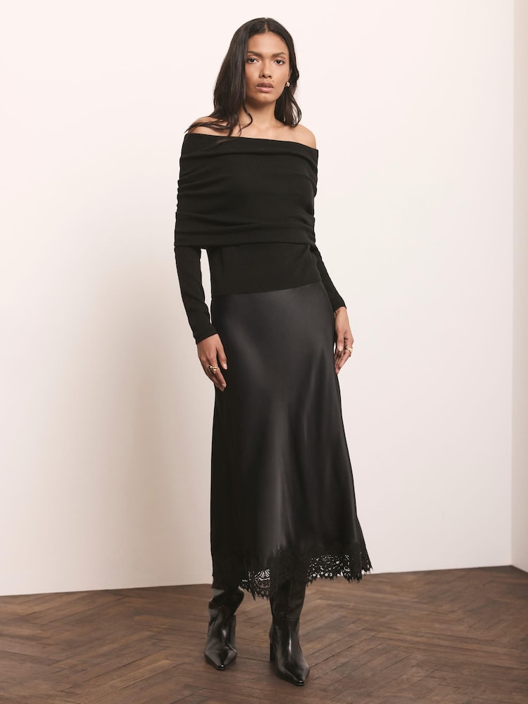 Mint Velvet Black Satin Lace Maxi Skirt - Image 2 of 5 Mint Velvet Black Satin Lace Maxi Skirt - Image 2 of 5