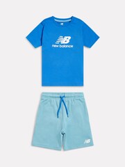 New Balance Blue Stacked Logo T-Shirt & FT Shorts Set - Image 1 of 3