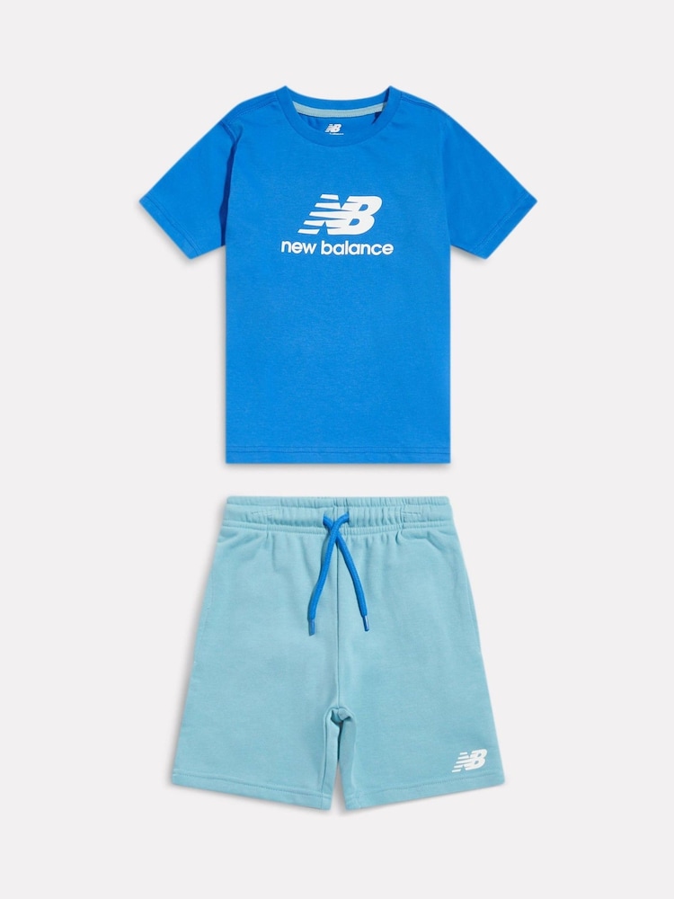 New Balance Blue Stacked Logo T-Shirt & FT Shorts Set - Image 1 of 3