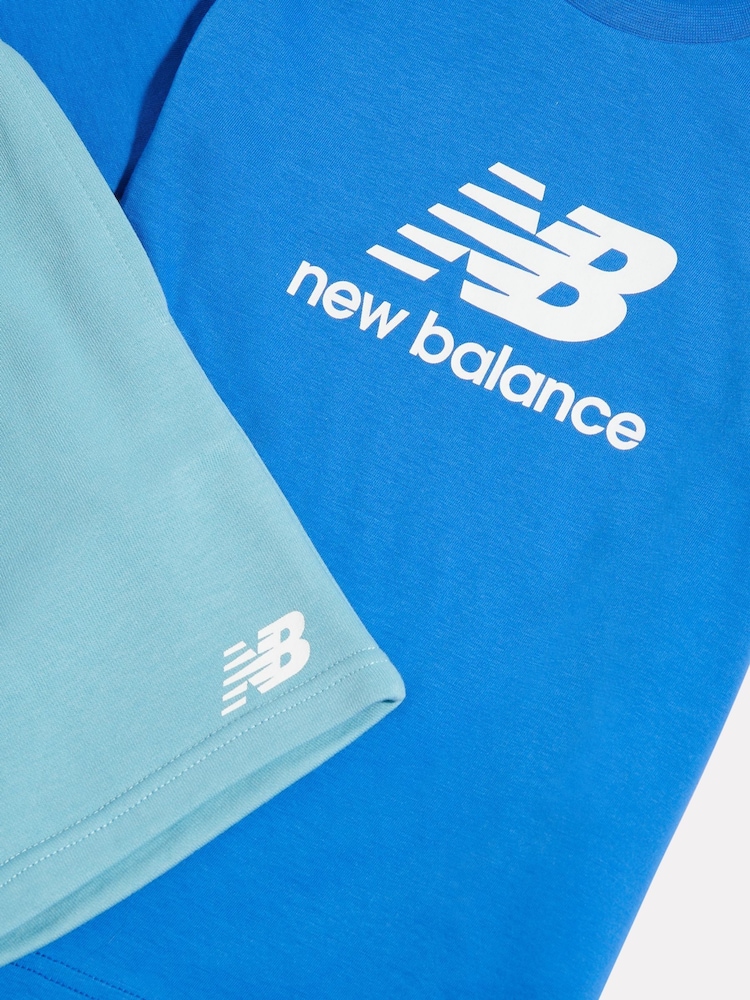 New Balance Blue Stacked Logo T-Shirt & FT Shorts Set - Image 3 of 3