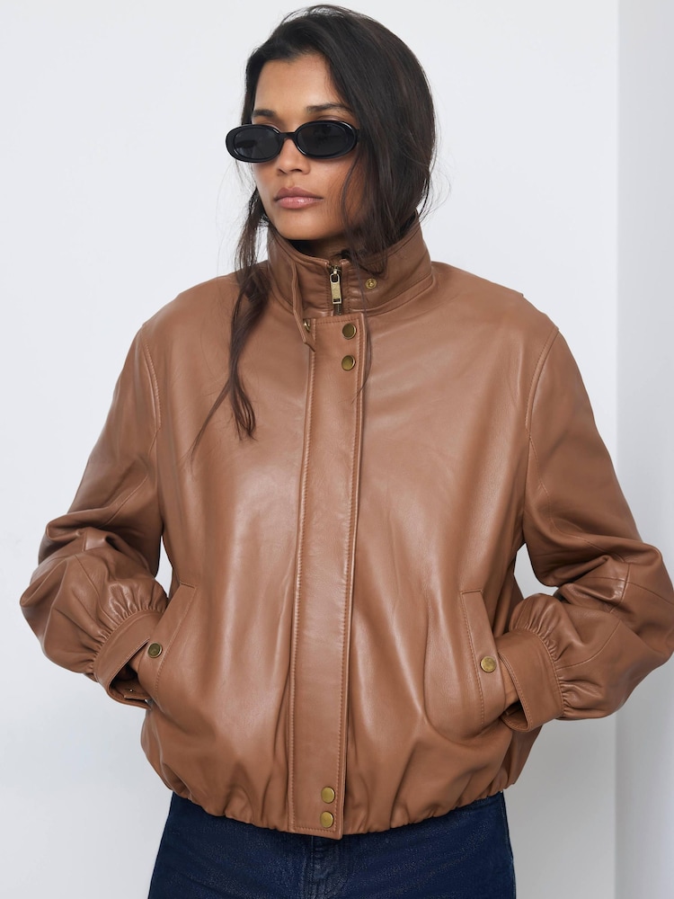 Mint Velvet Brown Funnel Neck Leather Jacket - Image 1 of 8