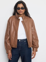 Mint Velvet Brown Funnel Neck Leather Jacket - Image 3 of 8