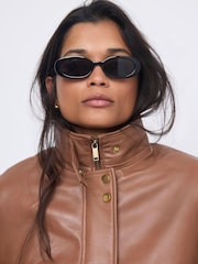 Mint Velvet Brown Funnel Neck Leather Jacket - Image 4 of 8