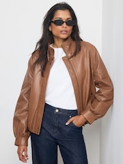 Mint Velvet Brown Funnel Neck Leather Jacket - Image 5 of 8