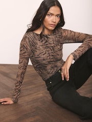 Mint Velvet Brown Animal Print Draped Detail Mesh Top - Image 2 of 7