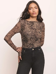 Mint Velvet Brown Animal Print Draped Detail Mesh Top - Image 3 of 7