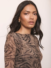 Mint Velvet Brown Animal Print Draped Detail Mesh Top - Image 5 of 7