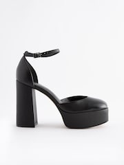 Black Signature Leather Platform Closed Toe Heels - Image 2 of 5