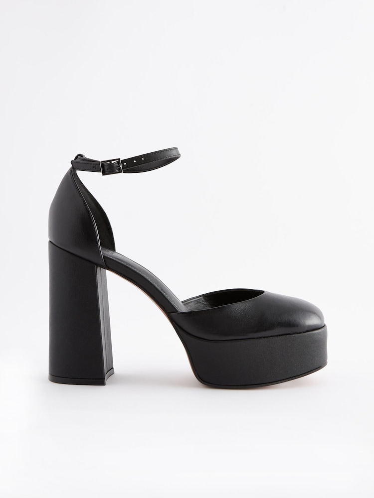 Black Signature Leather Platform Closed Toe Heels - Image 2 of 5
