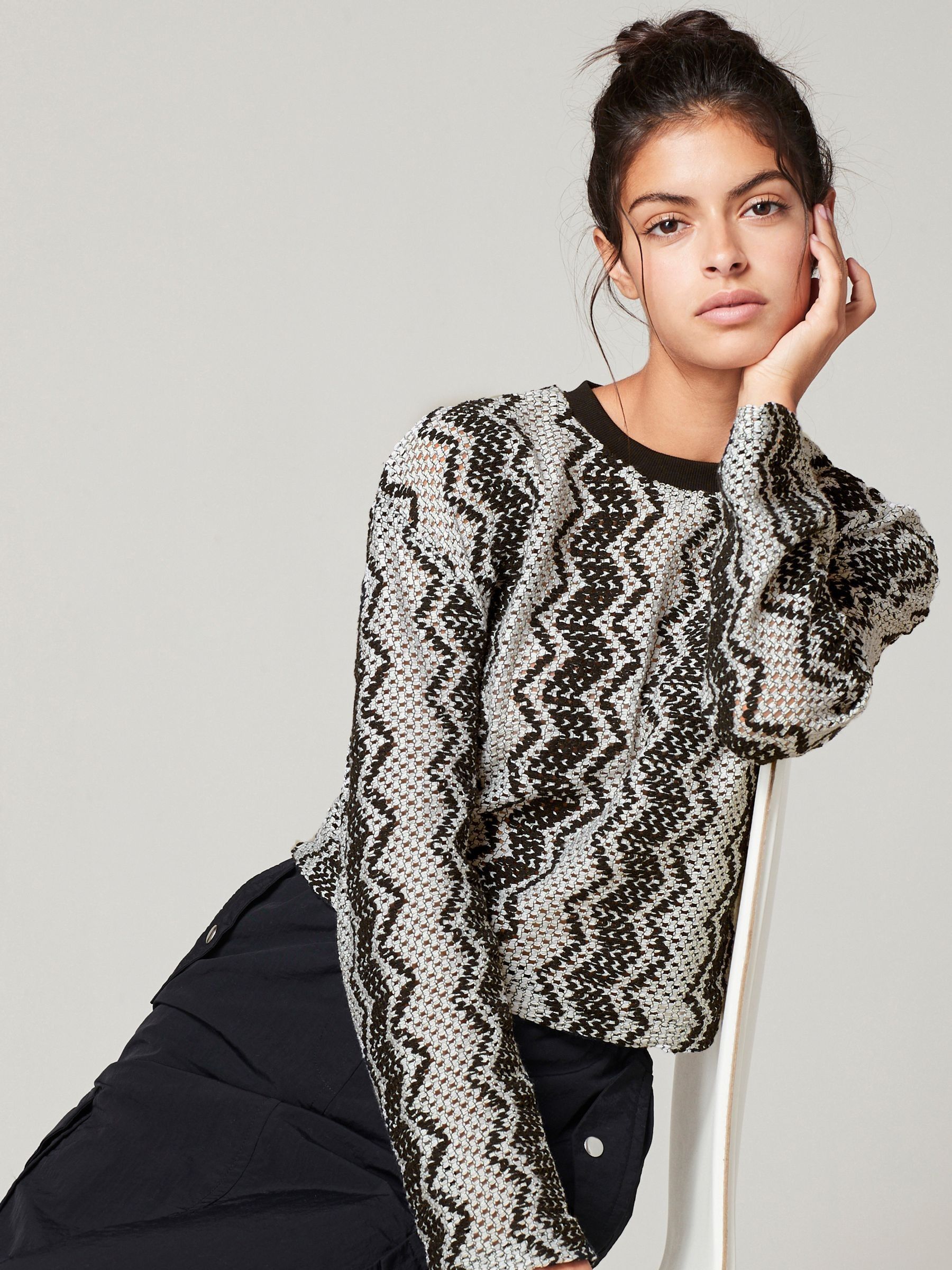 Buy Black/White Zig Zag Stripe Crochet Crew Neck Jumper from