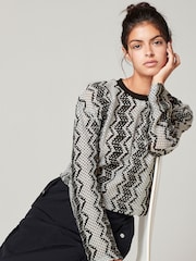 Black/White Zig Zag Stripe Crochet Crew Neck Jumper - Image 1 of 4