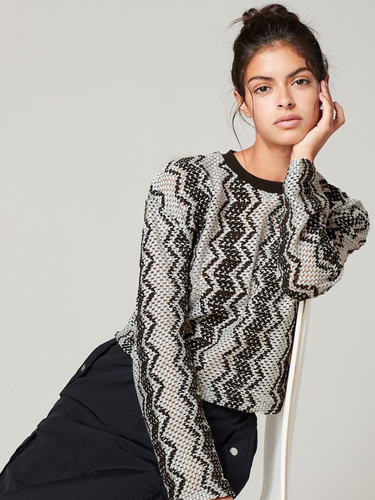 Black/White Zig Zag Stripe Crochet Crew Neck Jumper - Image 1 of 4